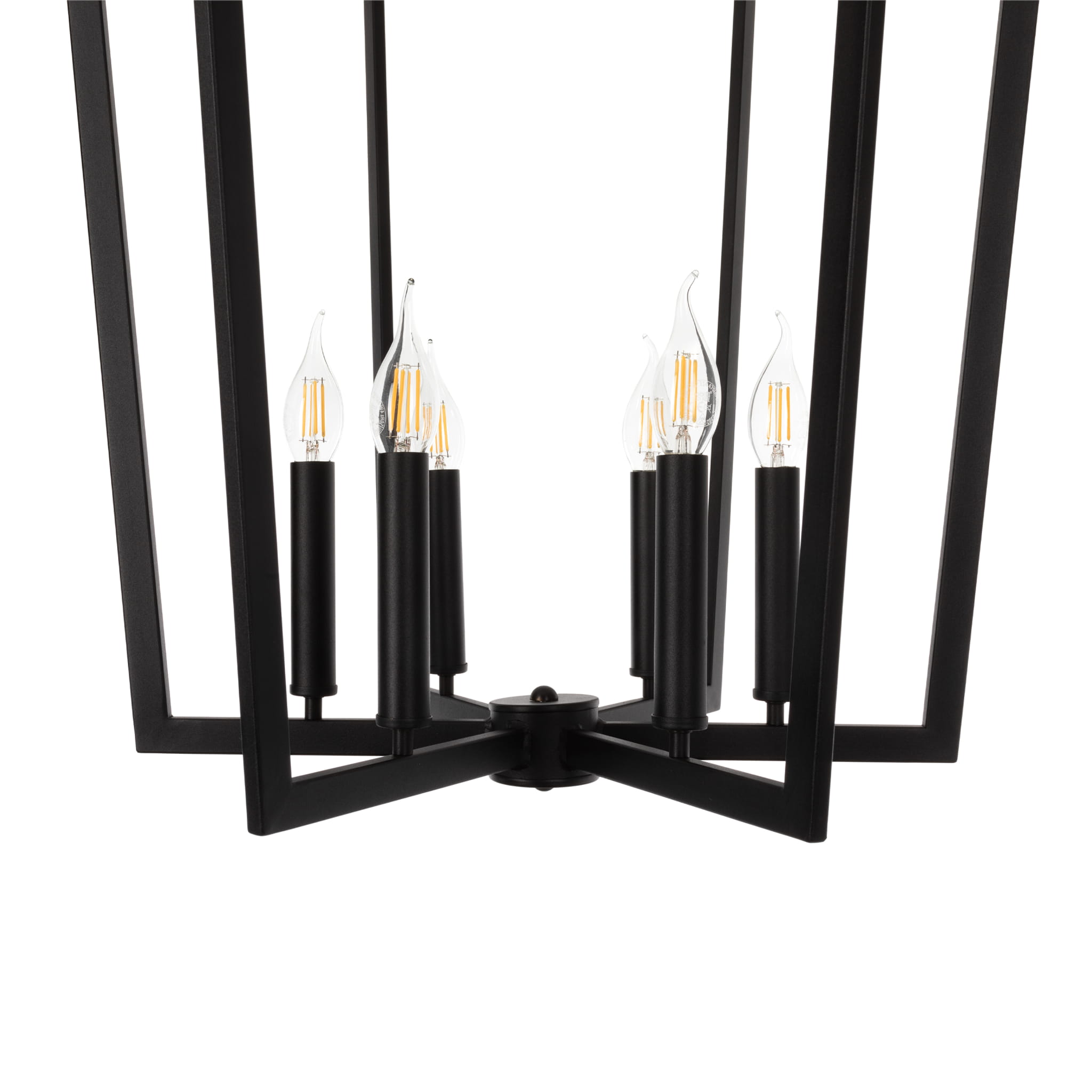 Designerska lampa sufitowa Calista w stylu modern farmhouse, w kolorze czarnym, szerokość 60 cm. Widok z boku, ukazujący pięć stożkowatych kloszy na smukłych, metalowych trzonkach oraz proste geometryczne kształty konstrukcji.